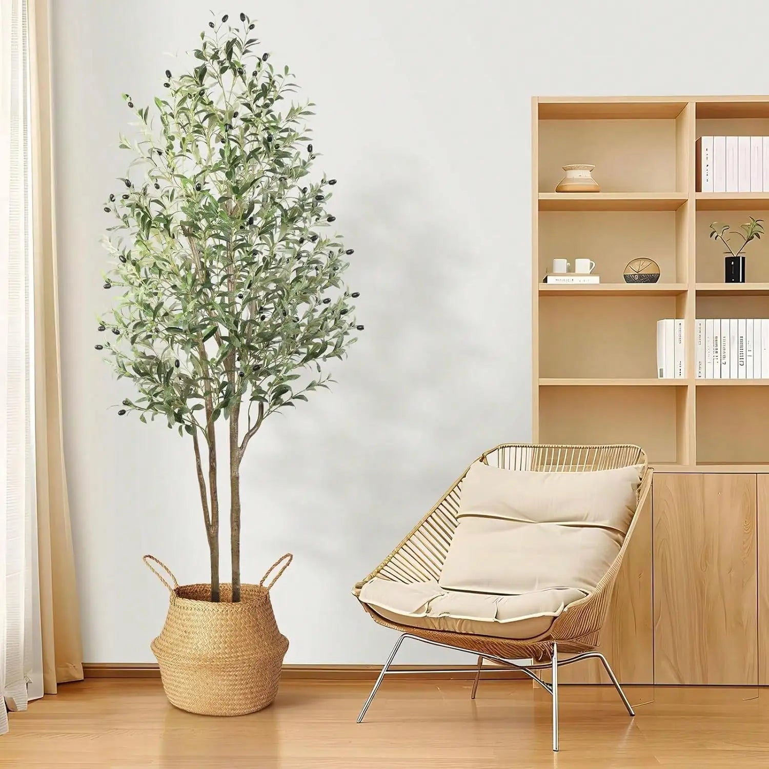 Artificial Olive Tree - 5-7ft (60-84in) Realistic Silk Plant with Natural Wood Trunk and Lifelike Fruit