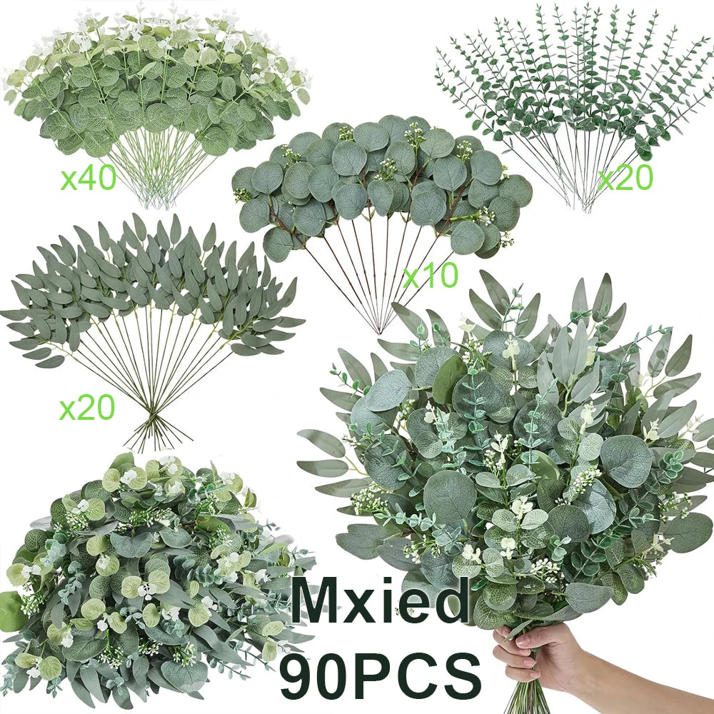 50/90PCS Artificial Flowers Bouquets Mixed Eucalyptus Leaves Willow Silver Eucalyptus Cuttings for Wedding Floral DIY Home Decor