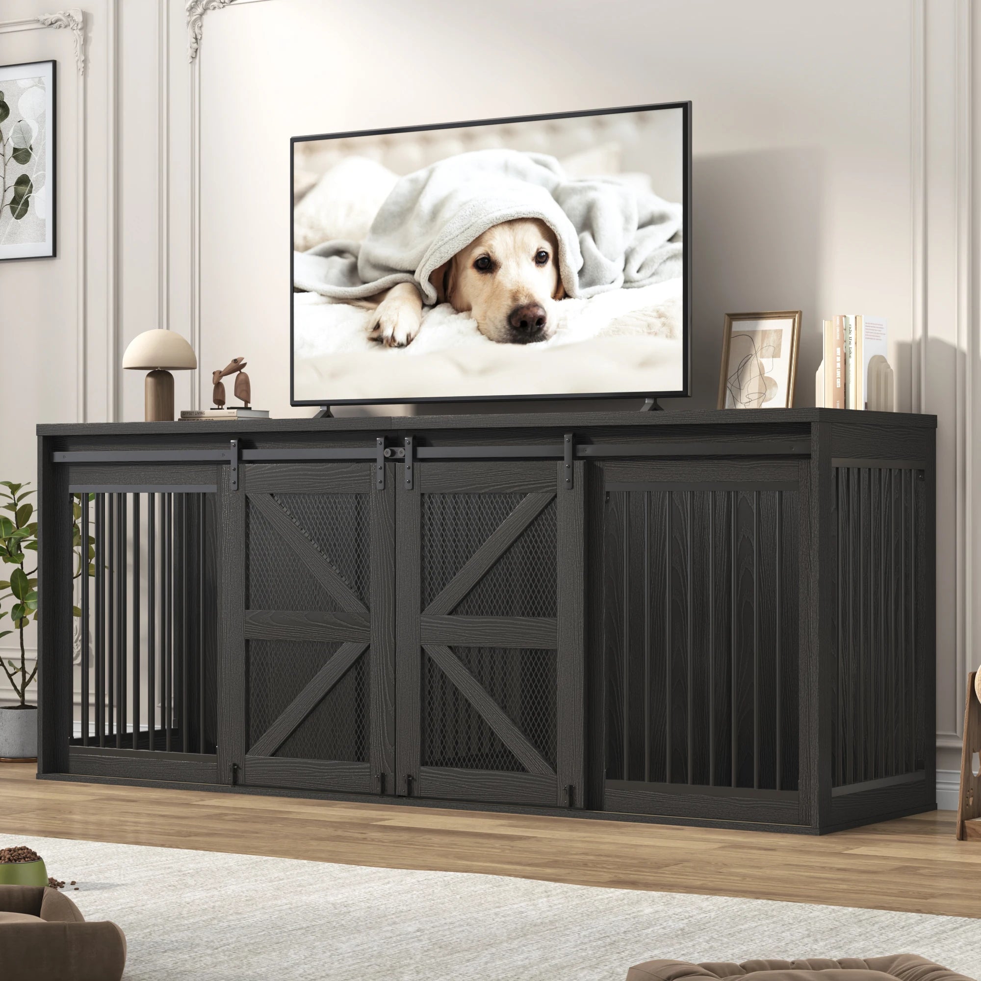 Farmhouse Dog Crate TV Stand, Wooden Dog Kennel Furniture with Sliding Metal Mesh Barn Door, 87'' Large Dog Crate Furniture