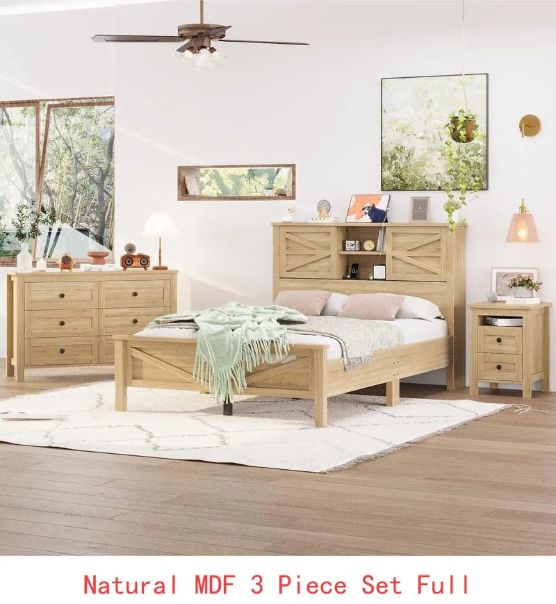3-Piece Full Size Bedroom Set with Farmhouse Platform Bed, Double Sliding Door Storage Headboard with Charging Station,