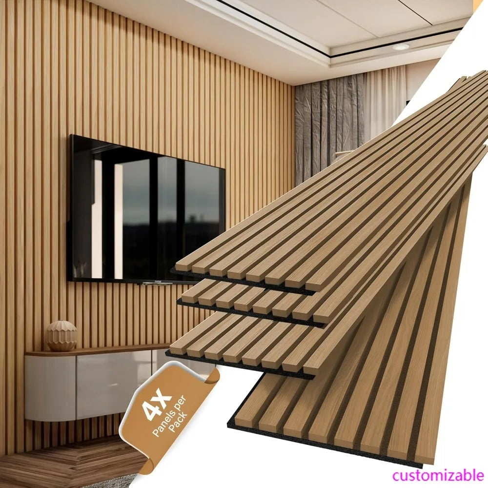 4-Piece Oak Wood Acoustic Wall and Ceiling Panels, 3D Fluted Design for Sound Absorption, 94.5 x 7.9 Inches