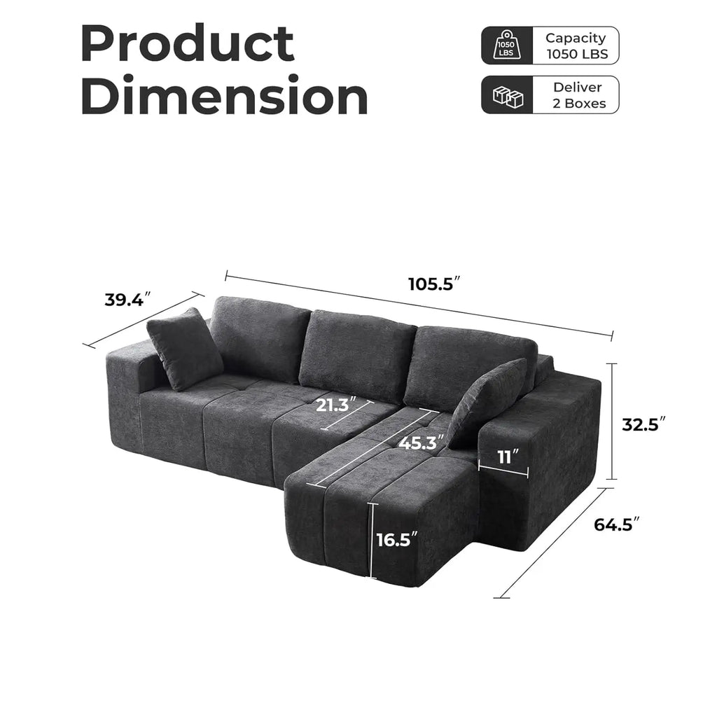 Cloud Modular Sectional Couch 105 Inch Chenille Boneless Couches Deep Seat Upholstered L-Shape Sofa with Chaise Customized
