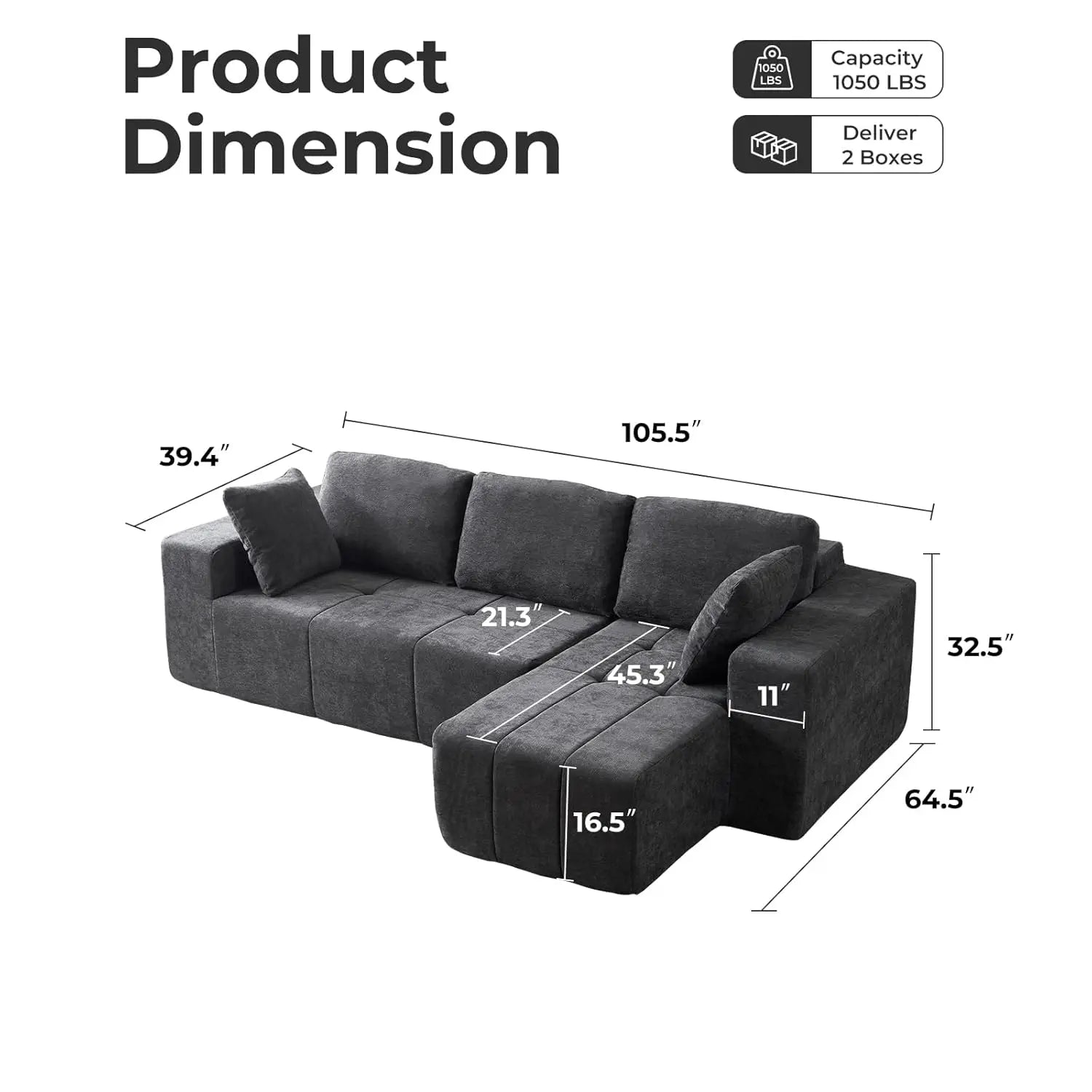 Cloud Modular Sectional Couch 105 Inch Chenille Boneless Couches Deep Seat Upholstered L-Shape Sofa with Chaise Customized