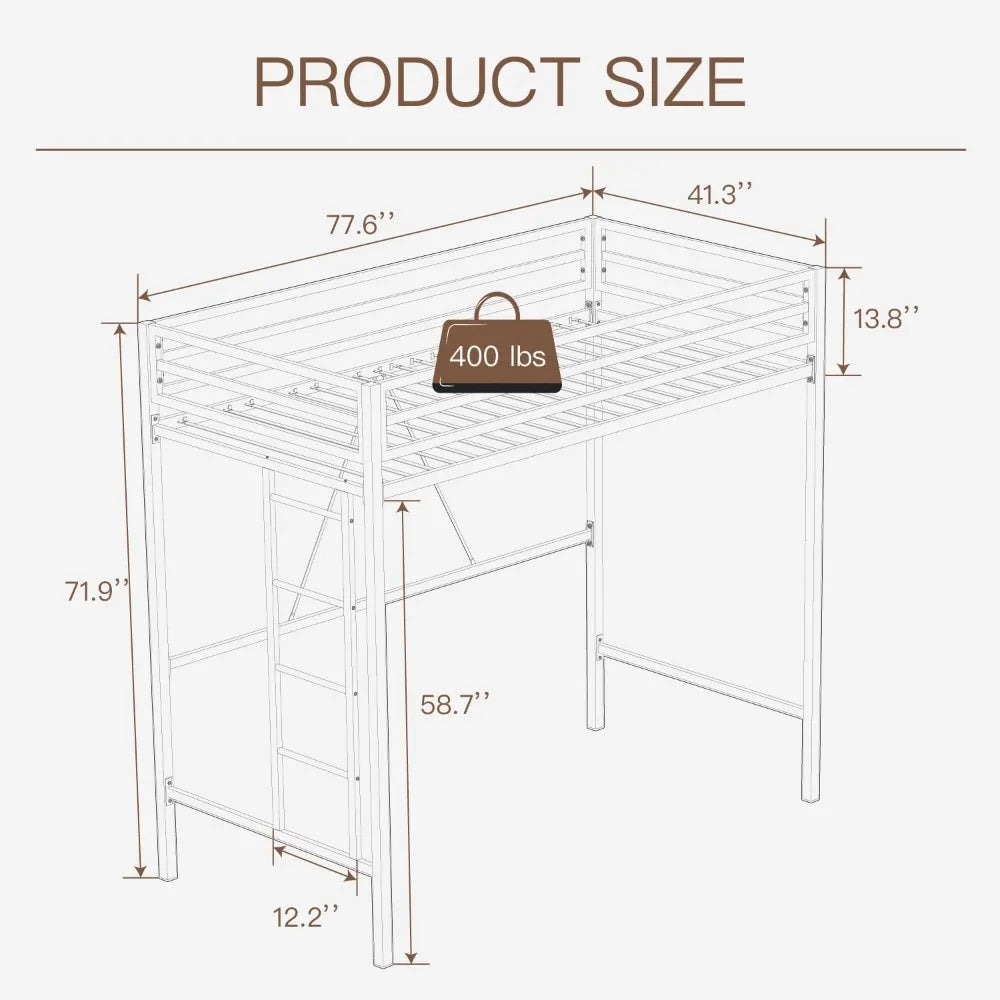 Twin Size Metal Loft Bed with Safety Rail and Ladder, No Box Spring Required, Space-Saving Cream White Bedroom Furniture