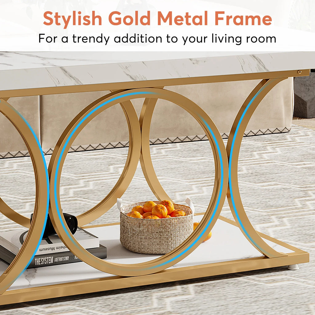 Rectangle Coffee Table, 2-Tier Faux Marble Wood