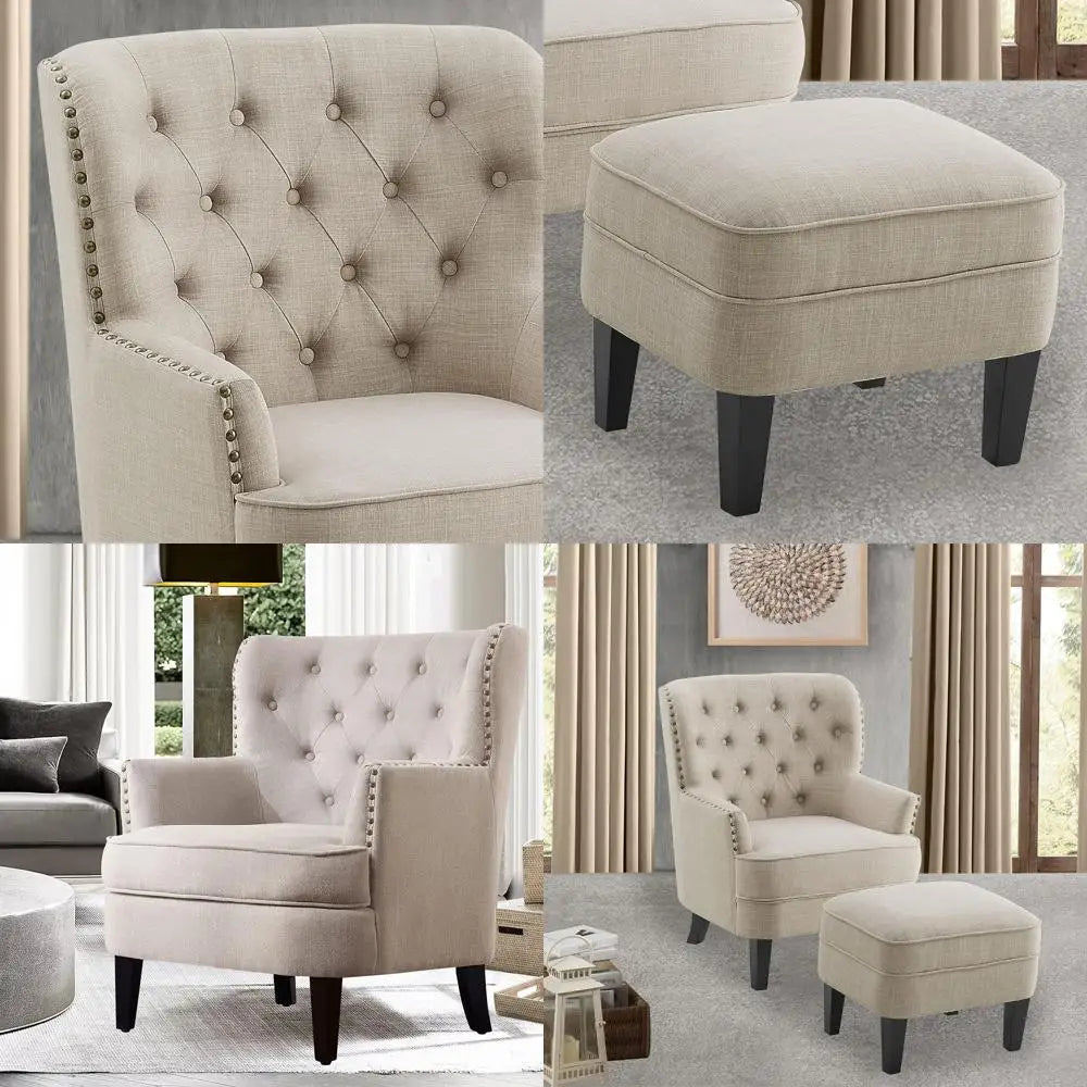 Mid-Century Modern Upholstered Accent Chair and Ottoman Set