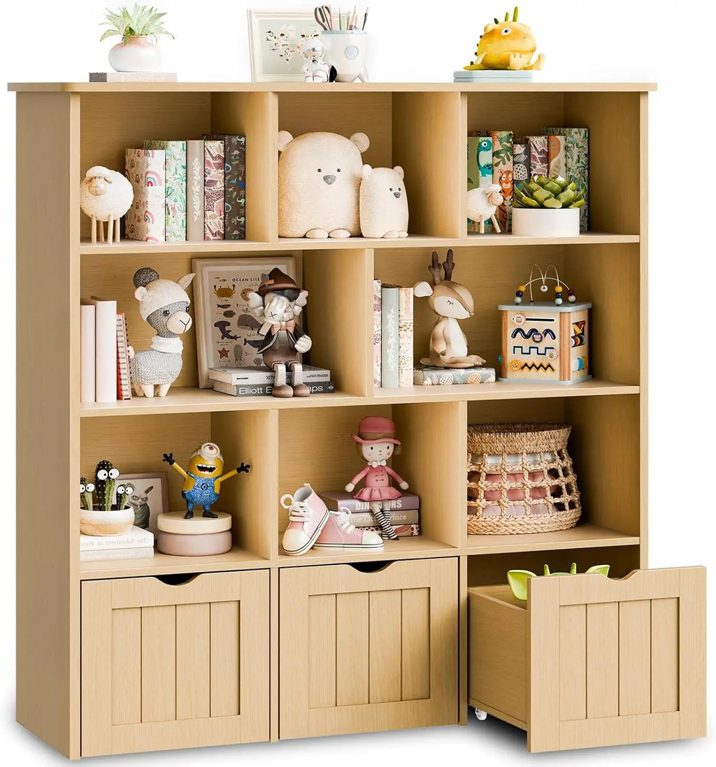 Oak Multifunctional Toy Organizer with 3 Movable Drawers and 8 Storage Cubbies, Kids Bookshelf and Toy Chest Shelf Organizer