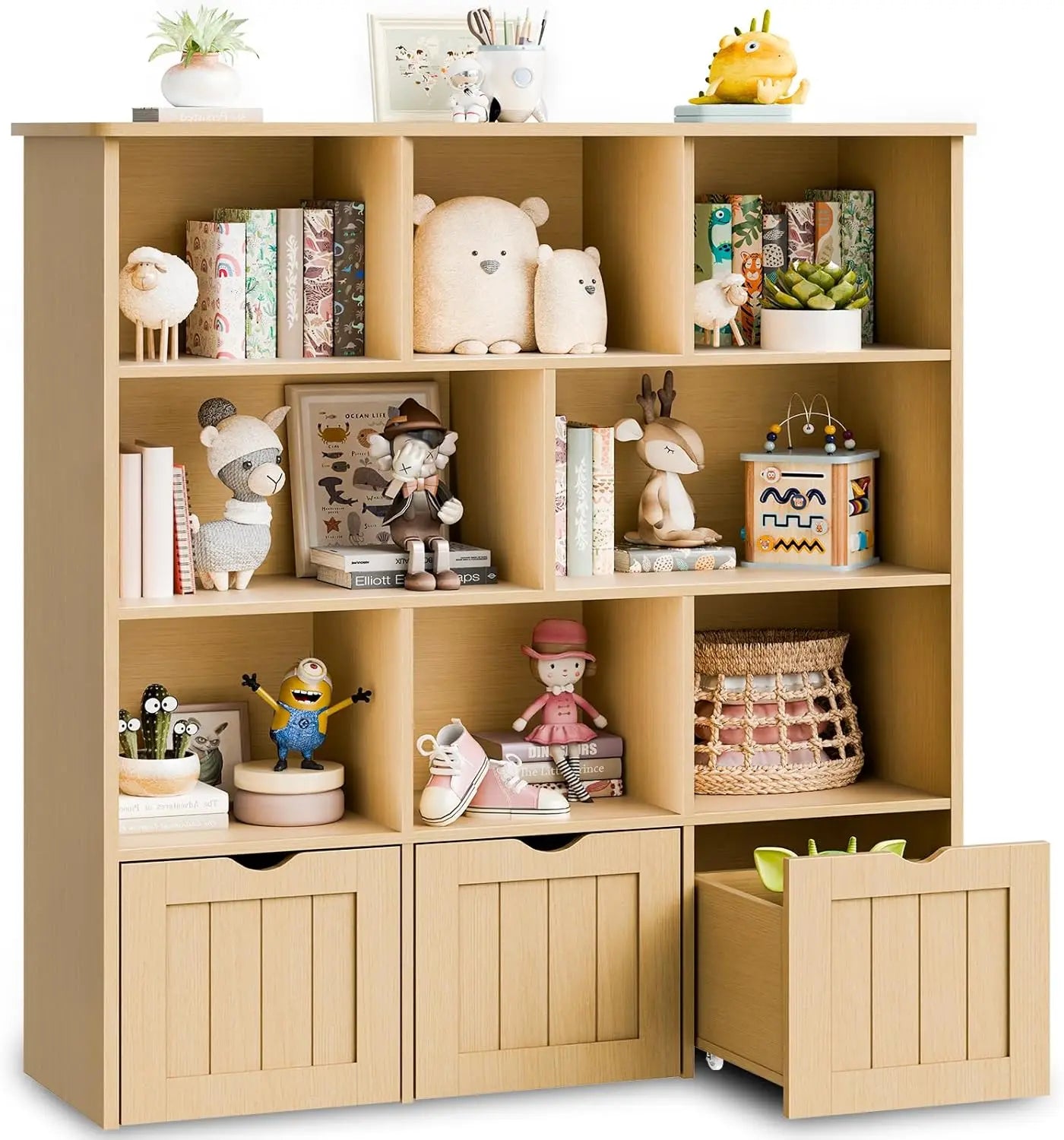 Oak Multifunctional Toy Organizer with 3 Movable Drawers and 8 Storage Cubbies, Kids Bookshelf and Toy Chest Shelf Organizer