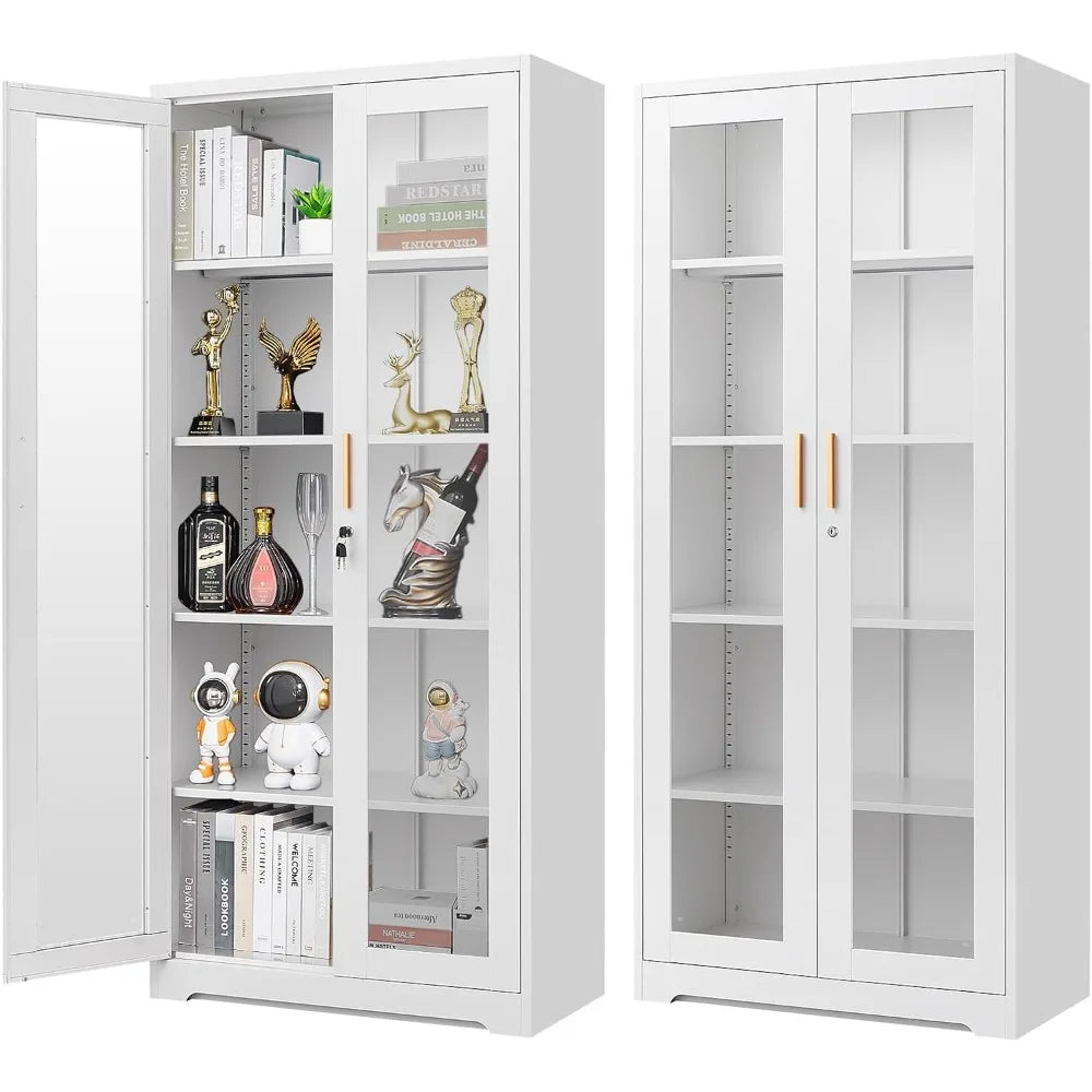 One 71" Display/Curio Cabinet with Glass Doors, with Lock, Metal Glass Display Case for Collectibles