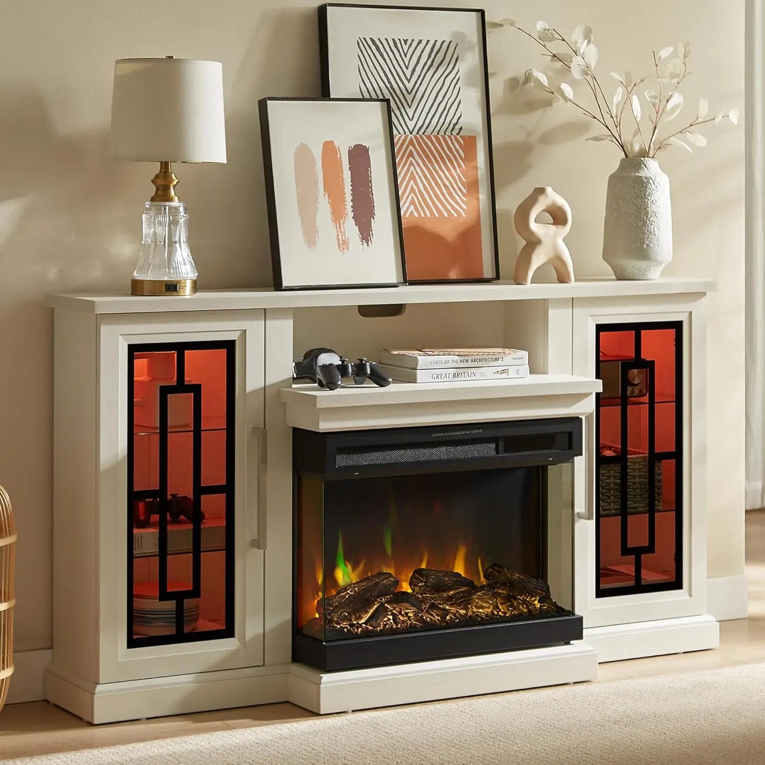 Modern 75" Electric Fireplace TV Stand 3-Sided Glass LED Media Entertainment Center Console Table for TVs up to 80/85"