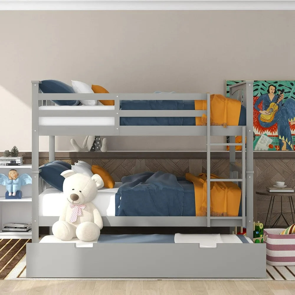 Twin-Over-Full Bunk Bed with Trundle, Transformable into Individual Beds, Crafted from Solid Pine with Safety Rails