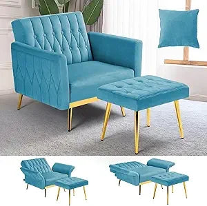 Upholstered Reclining Chair/Ottoman with Adjustable Armrests and Back, Button-Tufted Relaxation Seat