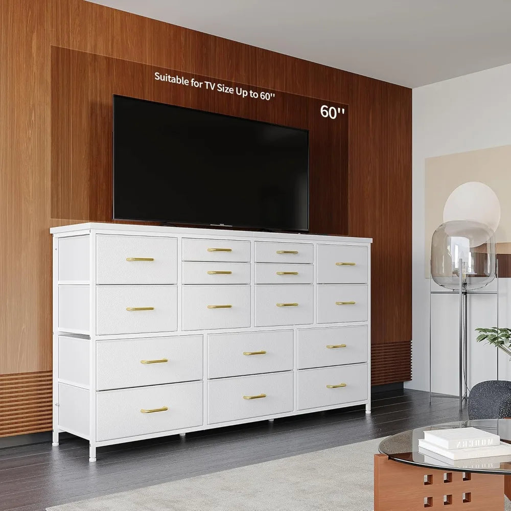 Dresser TV Stand with Power Outlets for 60" TV Stand for Bedroom White Dresser for Bedroom with 16 Drawers, Entertainment Center