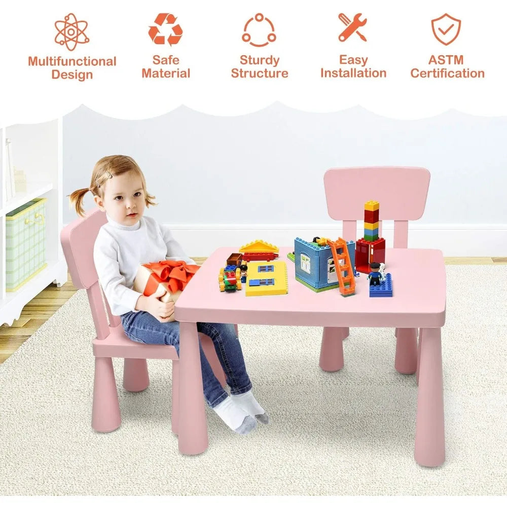 Kids 3 Piece Table and Chair Set, Plastic Children Activity Desk for Reading, Drawing, Snack Time, Arts Crafts, Preschool, Kind
