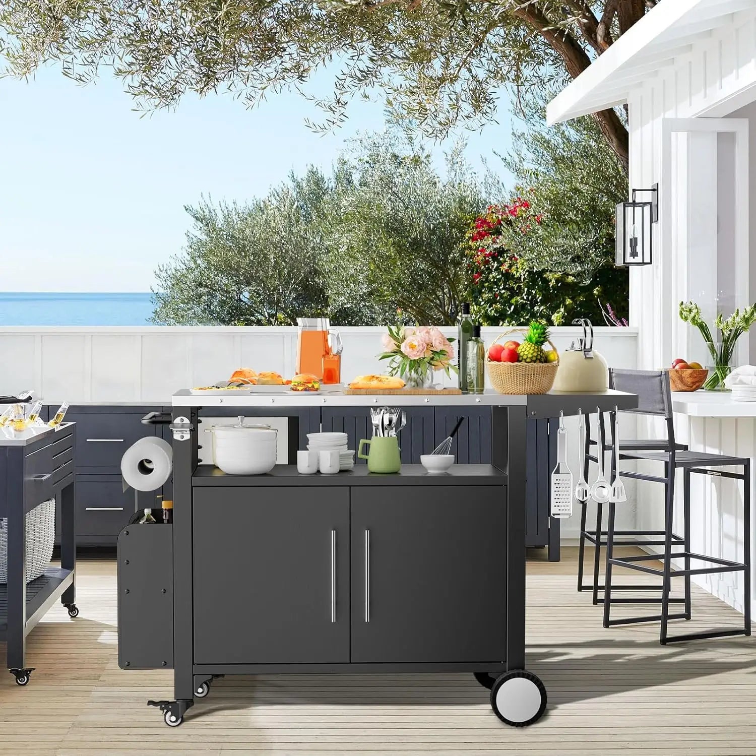 Outdoor Grill Cart with Storage ,Patio Kitchen Island with Wheels, Hooks, and Spice Rack, Waterproof Outdoor Grill Table