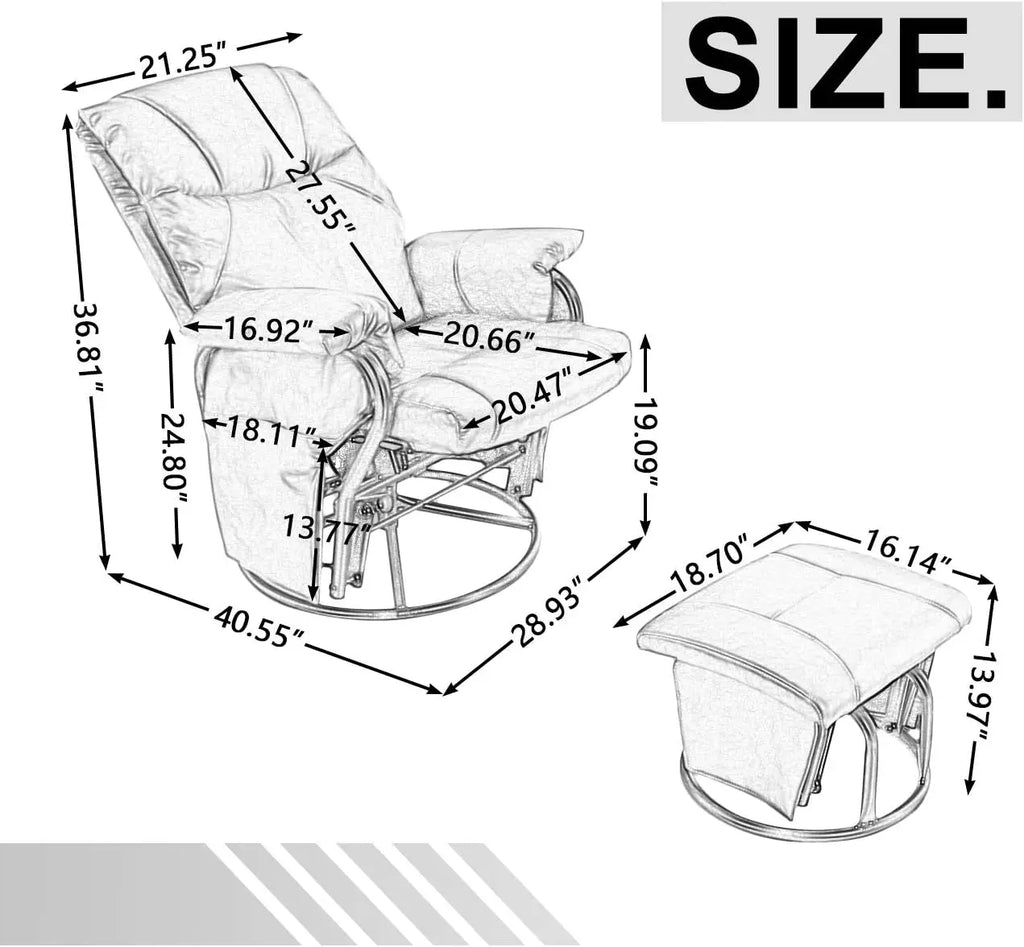 Glider Chairs Rocking Chair with Ottoman 360° Swivel Chair PU Leather Upholstered Armchair Lounge Chair Sliding Chairs Set/Black