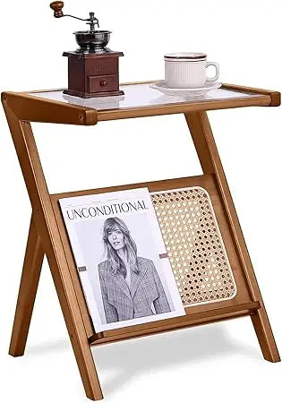 Mid-Century Bamboo Side Table, Rattan Nightstand Accent, Bohemian Wood End Table with Glass Top