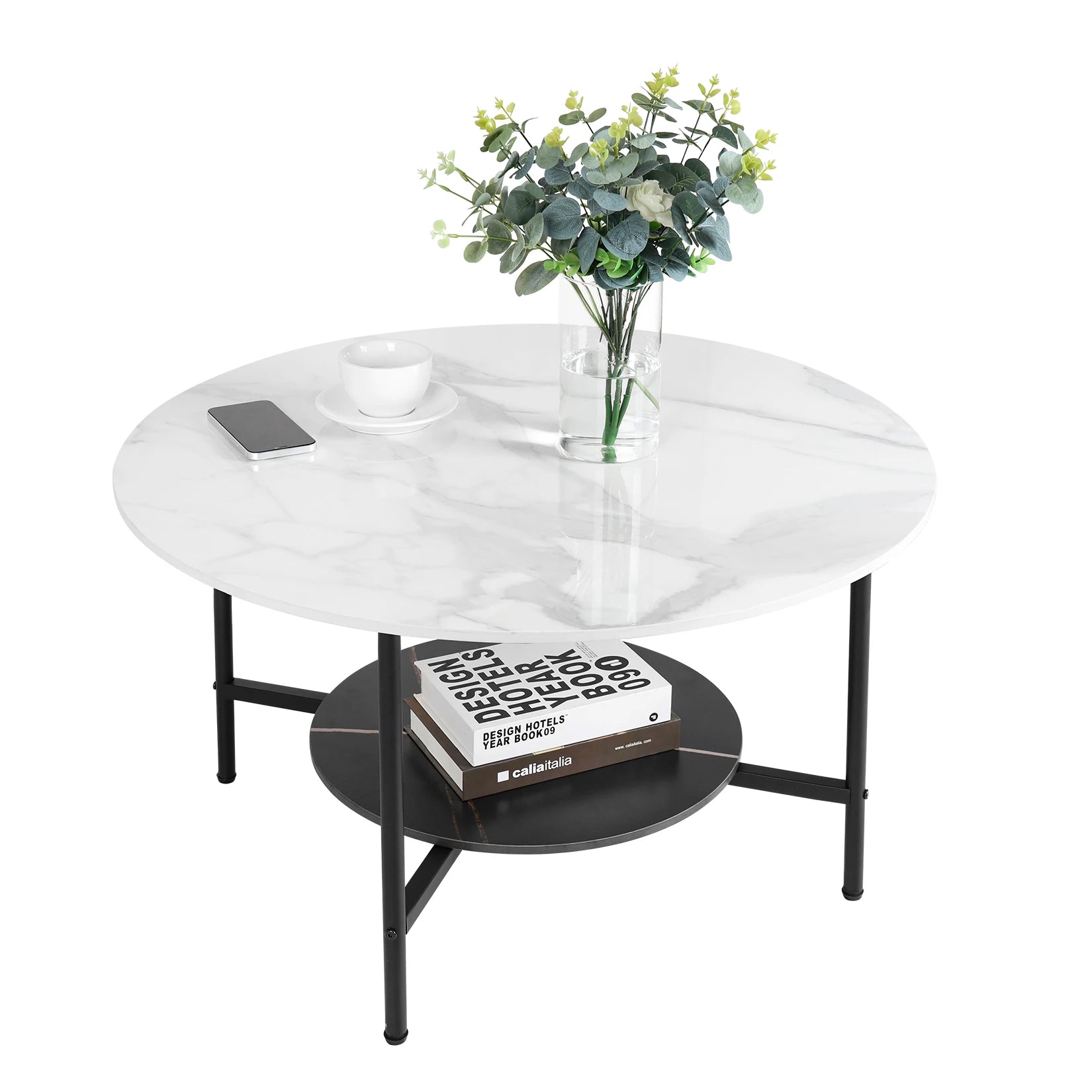 2 Tier Round Coffee Table Modern High End Sintered Stone Desk Home Furniture Table Metal Frame for Living Room, Bedroom