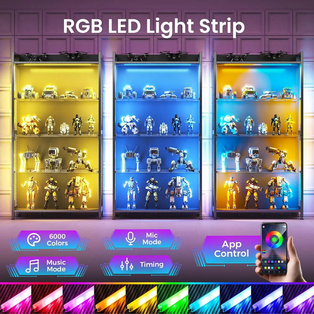 LED Display Cabinet with Glass Shelves, 5-Tier RGB Lighting Curio Case for Collectibles Storage