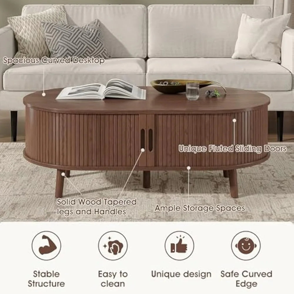 Oval Coffee Table, Mid Century Modern Coffee Table with Sliding Tambour Door, Fluted Center Table with Hidden Storage, Curved