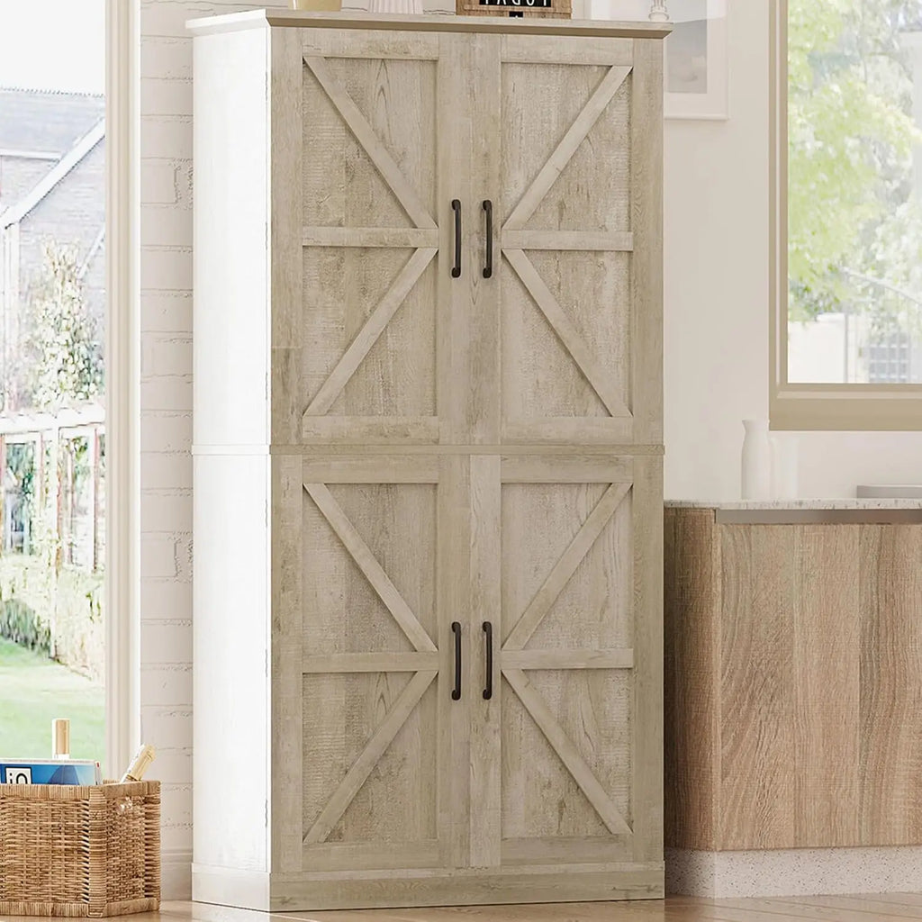 72.8" Rustic Pantry Cabinet with 4 Barn Doors, Adjustable Shelves, Freestanding Storage for Kitchen Living Room