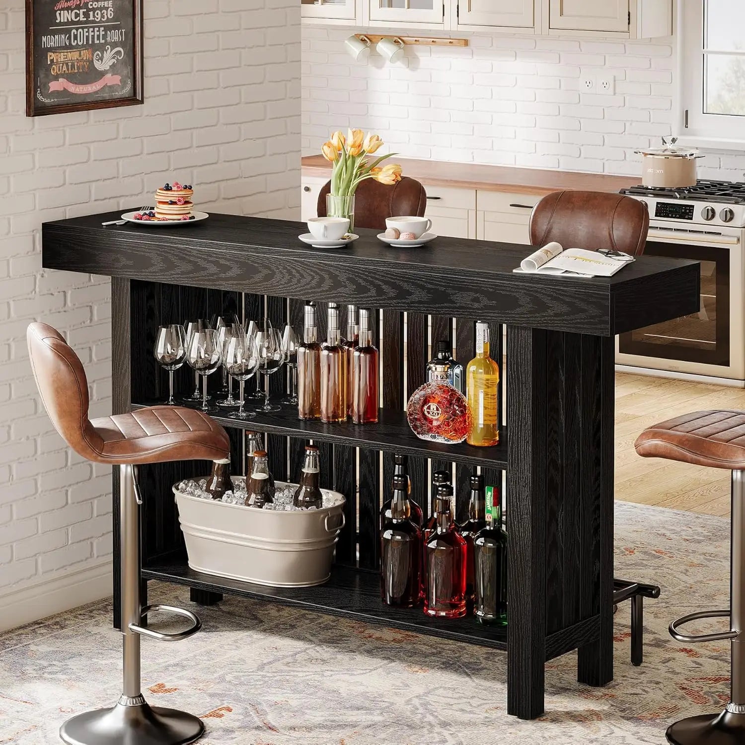 Black Large Home Bar Unit, 2-Tier Mini Bar Pub Table with Footrest, 63-Inch Modern Coffee Bar Cabinet
