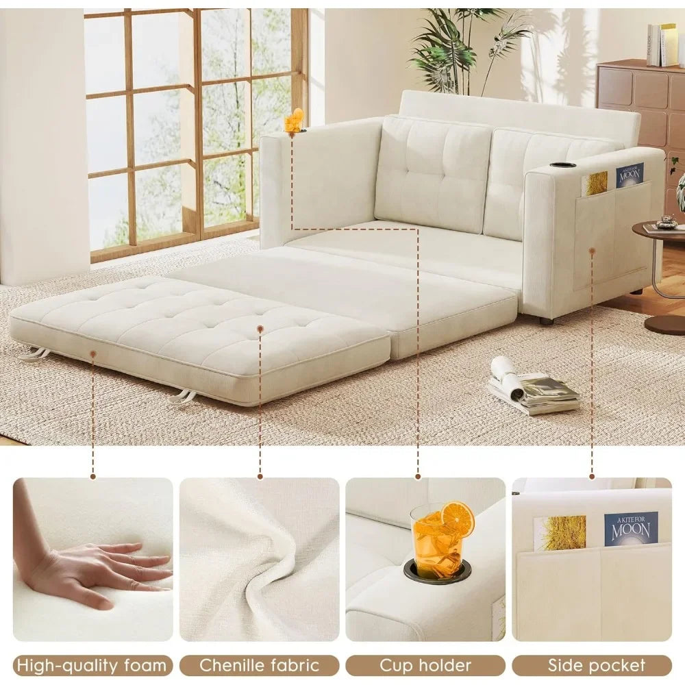 55" Convertible Sofa Bed Pull out Couch Love Seat Sleeper Bed Small Fold out Sofa with Cup Holder Home Living Room Furniture
