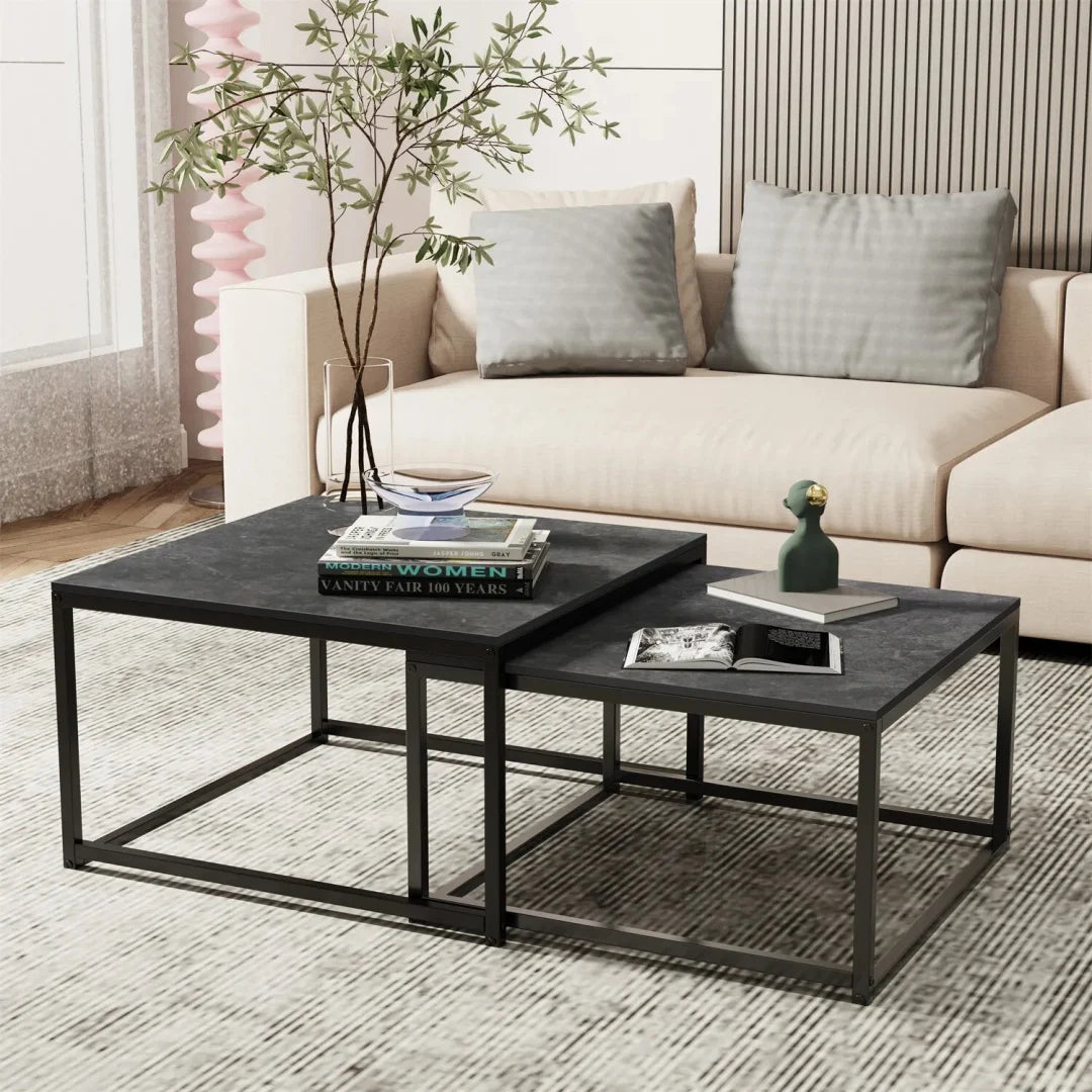 LUVODI Rectangle White Nesting Coffee Table Set Living Room Black Stack-able Accent Tables with Marble Tabletop
