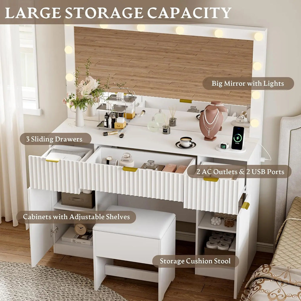 Vanity Desk with Large 42" Mirror and Lights, White Fluted Makeup Table Set with Storage Drawers, Power Outlet & Stool