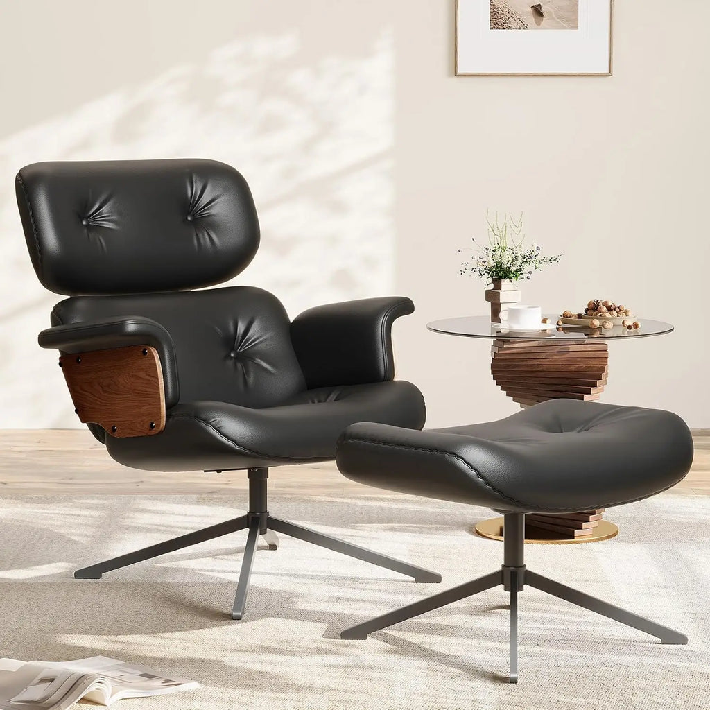Mid Century Reclining Swivel Chair with Ottoman, Ergonomic Armchair with Comfy Cushion, Walnut Wood Base, PU Leather