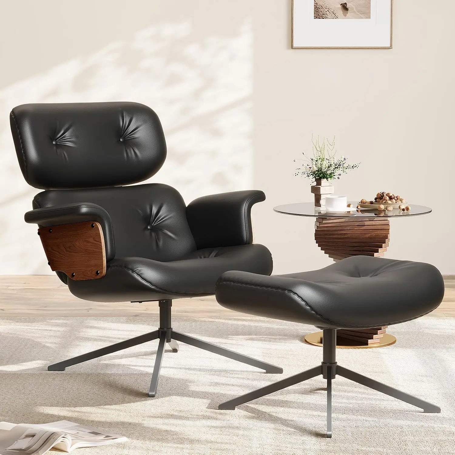 Mid Century Reclining Swivel Chair with Ottoman, Ergonomic Armchair with Comfy Cushion, Walnut Wood Base, PU Leather