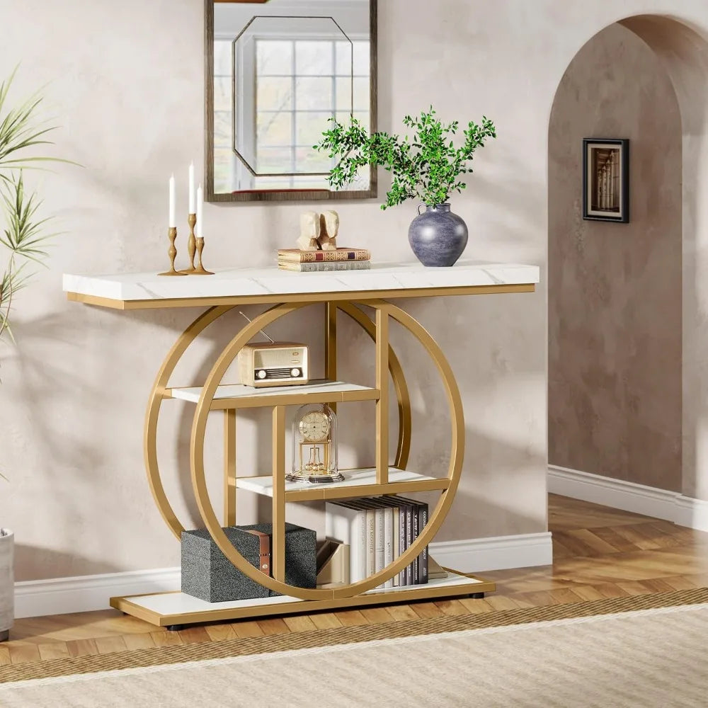 41.3" Console Table, Industrial Style Four Tier Sofa Table Entry Table with Round Base with Storage Shelf