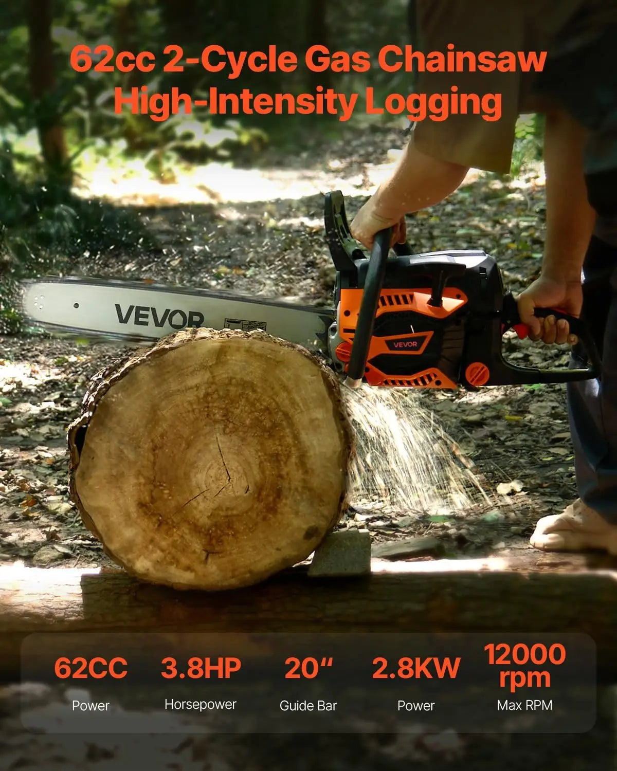 20inch 62CC Gas Powered Chainsaw, 3.8 HP 2 Stroke Engine Gas Power Chainsaw with Non-Slip Handle, Gas Chainsaw