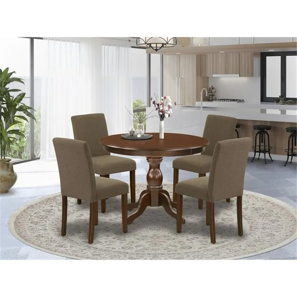 5-Piece Dining Set with Round Pedestal Table and Four Coffee Linen Chairs