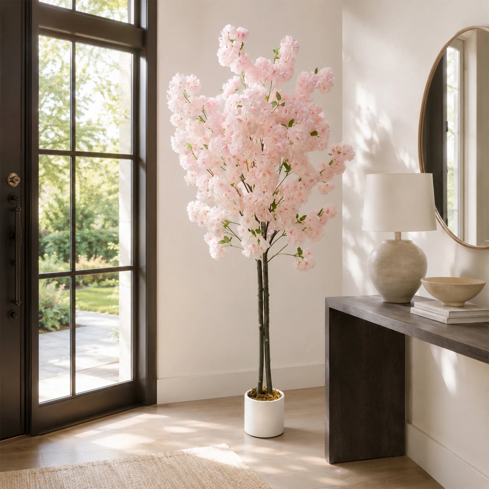 5/6FT Light Pink Faux Cherry Blossom Tree – Double-Trunk Silk Plant in Pot, Ideal for Home, Office, Wedding, Garden, Party, and Hotel Decor