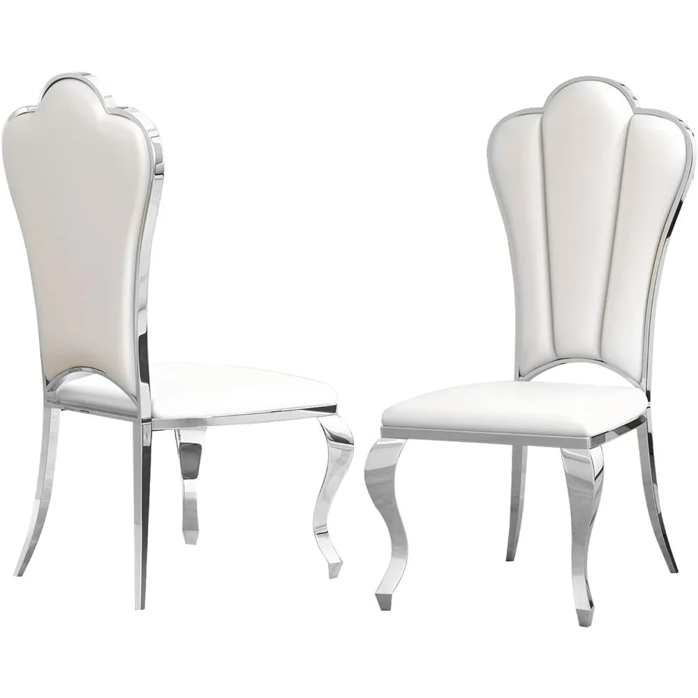 Modern Leather Dining Chairs Set of 2, Elegant Shell Shape Comfy Upholstered Dining Room Chairs w/Unique High Backrest Stainless