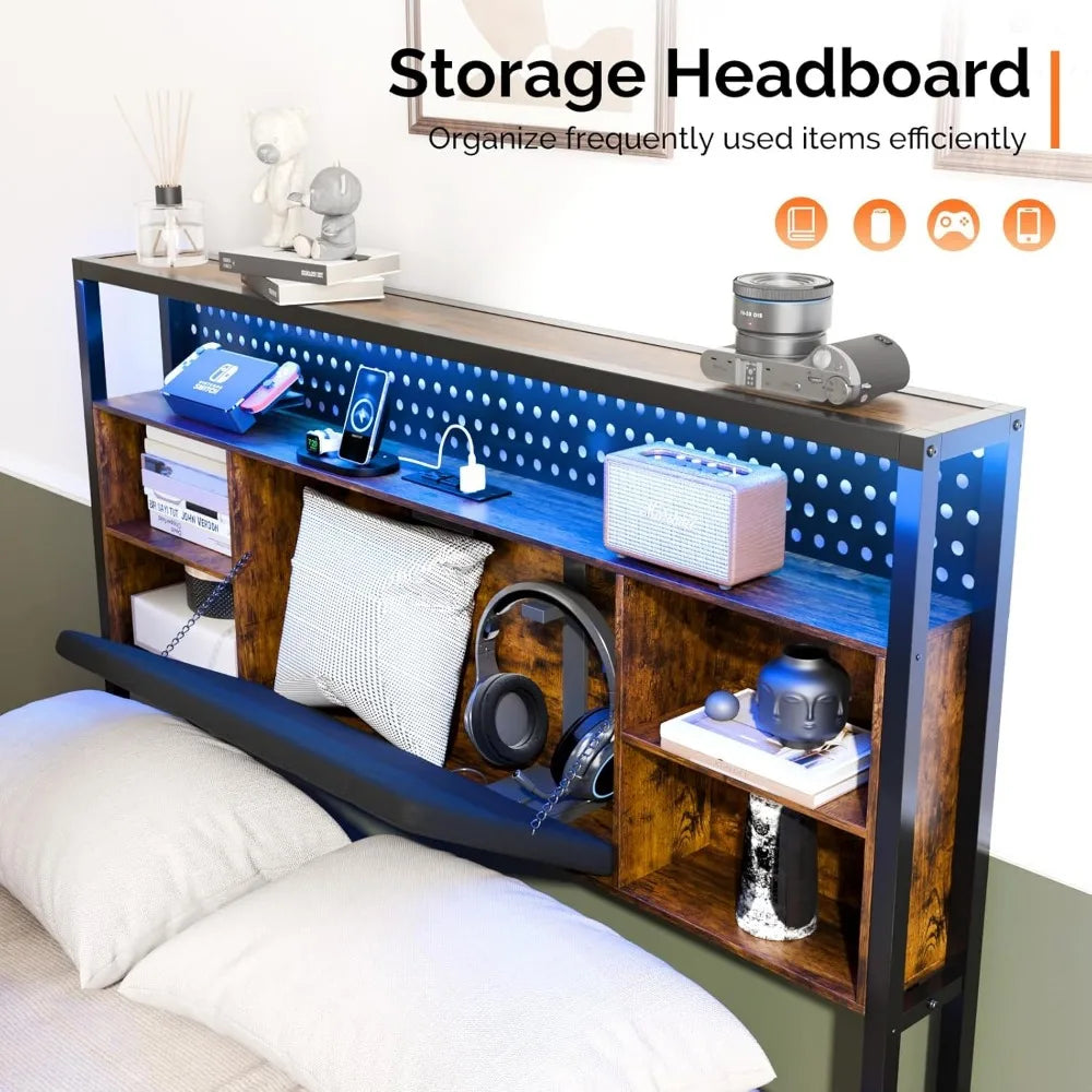 Full Size Floating Bed Frame with Headboard, LED Lights, Hidden Storage