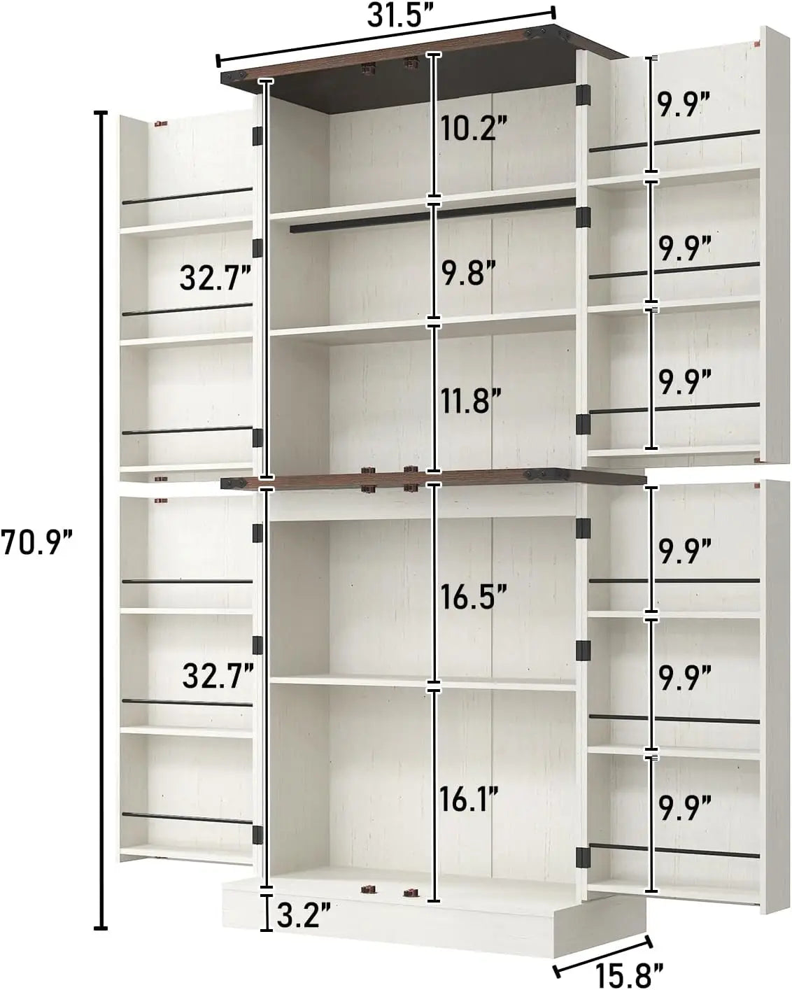 Farmhouse Kitchen Pantry Cabinet, 71" Tall Storage Cabinet with Adjustable Shelves & 4 Barn Doors & Drawer, Rustic Wood
