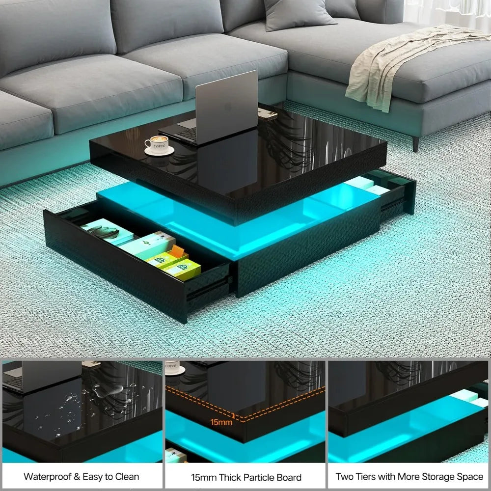 LED Coffee Table for Living Room with Storage - High Glossy Modern White Center Table with 2 Drawers, Square Wooden Middle Table