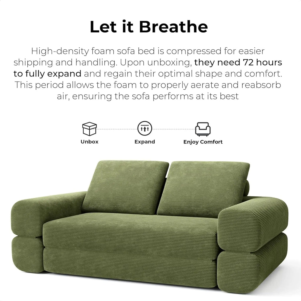 Convertible Sleeper Sofa Bed Floor Sofa 3-in-1 No Assembly, Foldable Mattress with Corduroy Upholstery Green, Dark Grey