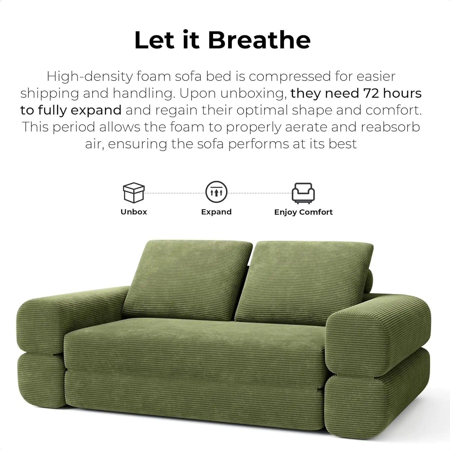 Convertible Sleeper Sofa Bed Floor Sofa 3-in-1 No Assembly, Foldable Mattress with Corduroy Upholstery Green, Dark Grey