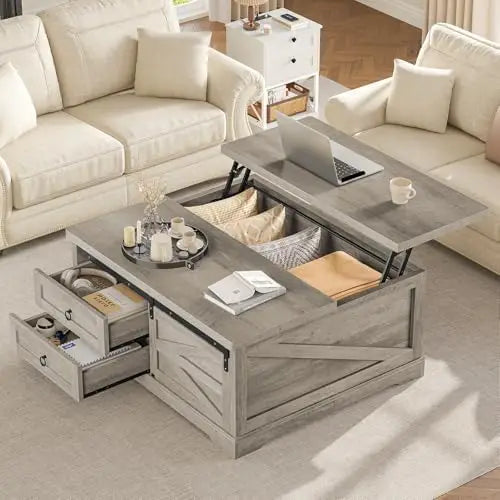 Lift Top Coffee Table with Storage, Farmhouse Style, Gray