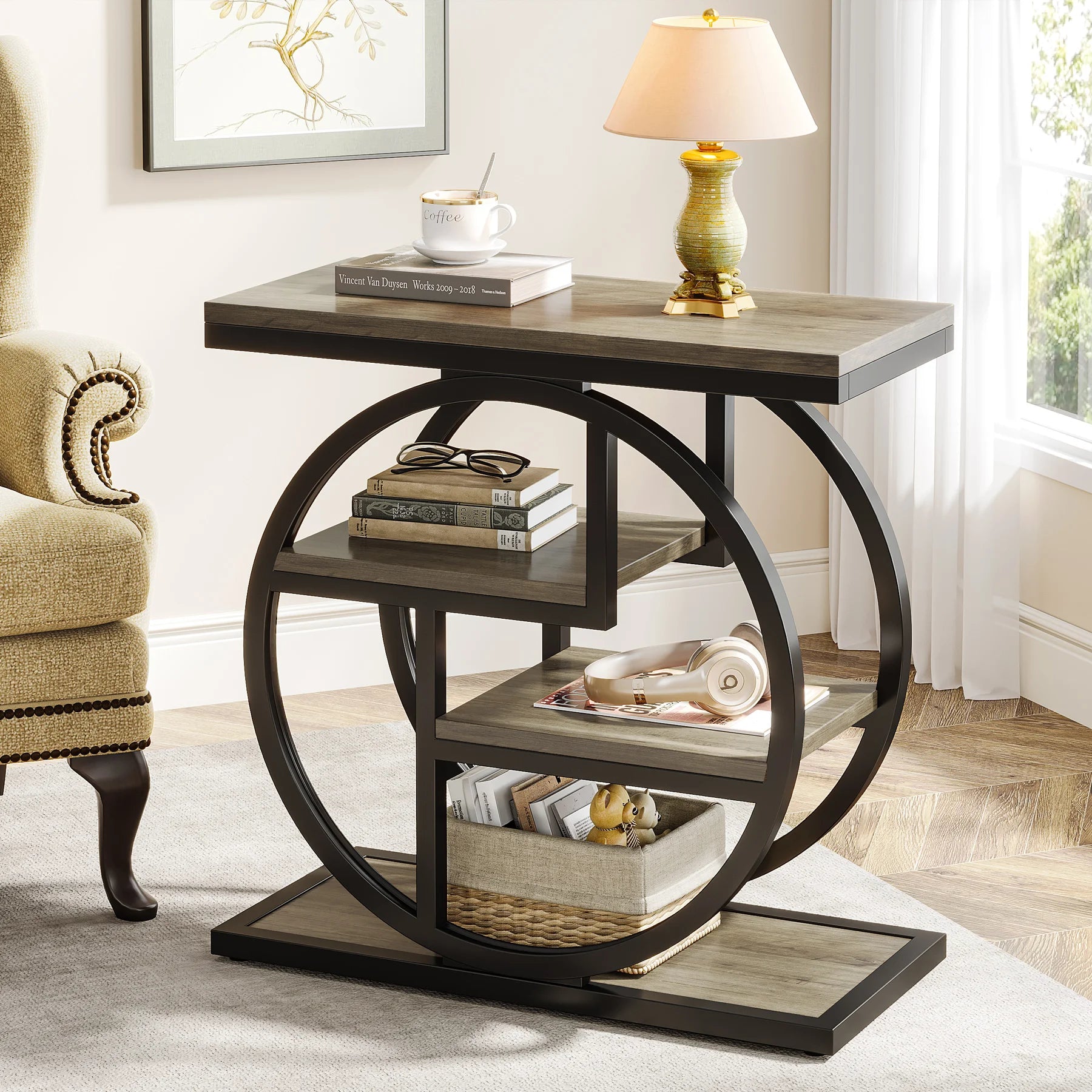 End Table for Living Room and Bedroom, 4-Tier Narrow Side Table with Storage Shelves
