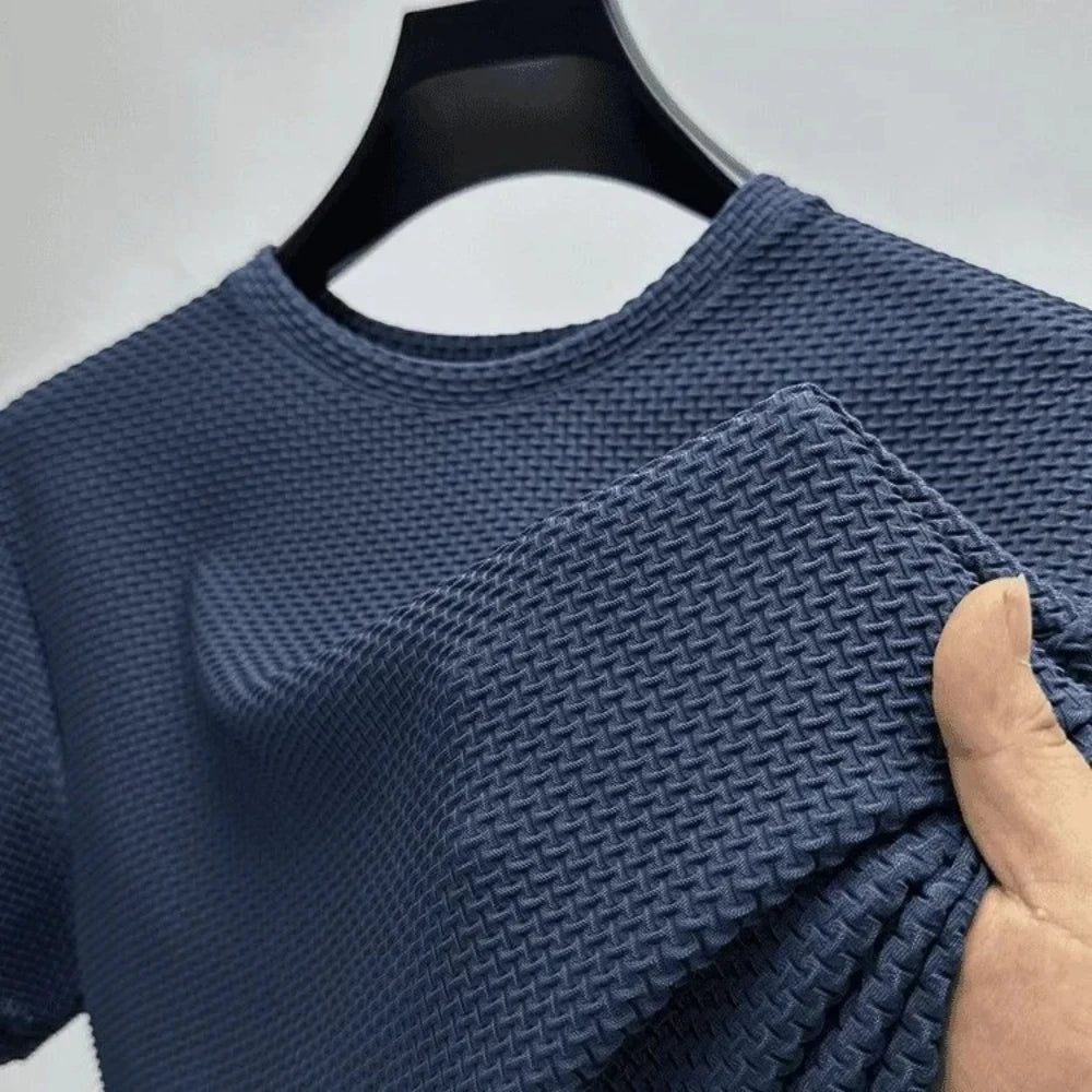 Men Ice Silk Bamboo Mesh T-shirt Summer Elastic Short Sleeve Round Neck Tees Casual Slim Fit Basic Tops Trendy Male Daily Streetwear Shirts