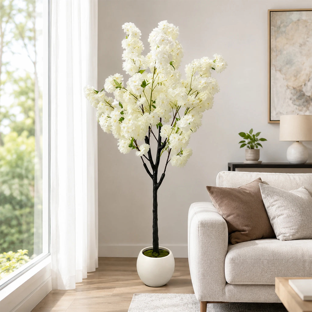 White Artificial Cherry Blossom Tree 5/6FT – Faux Silk Plant Potted, Lifelike Decorative Flower Tree for Indoor/Outdoor, Home, Office, Wedding, Party & Hotel