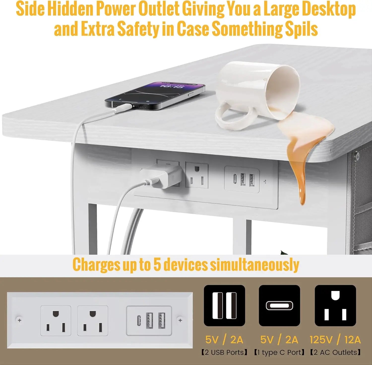 Small Side Table with Charging Station, Narrow Nightstand Bedside Tables with Storage Pocket for Living Room Bedroom, Sofa End Table