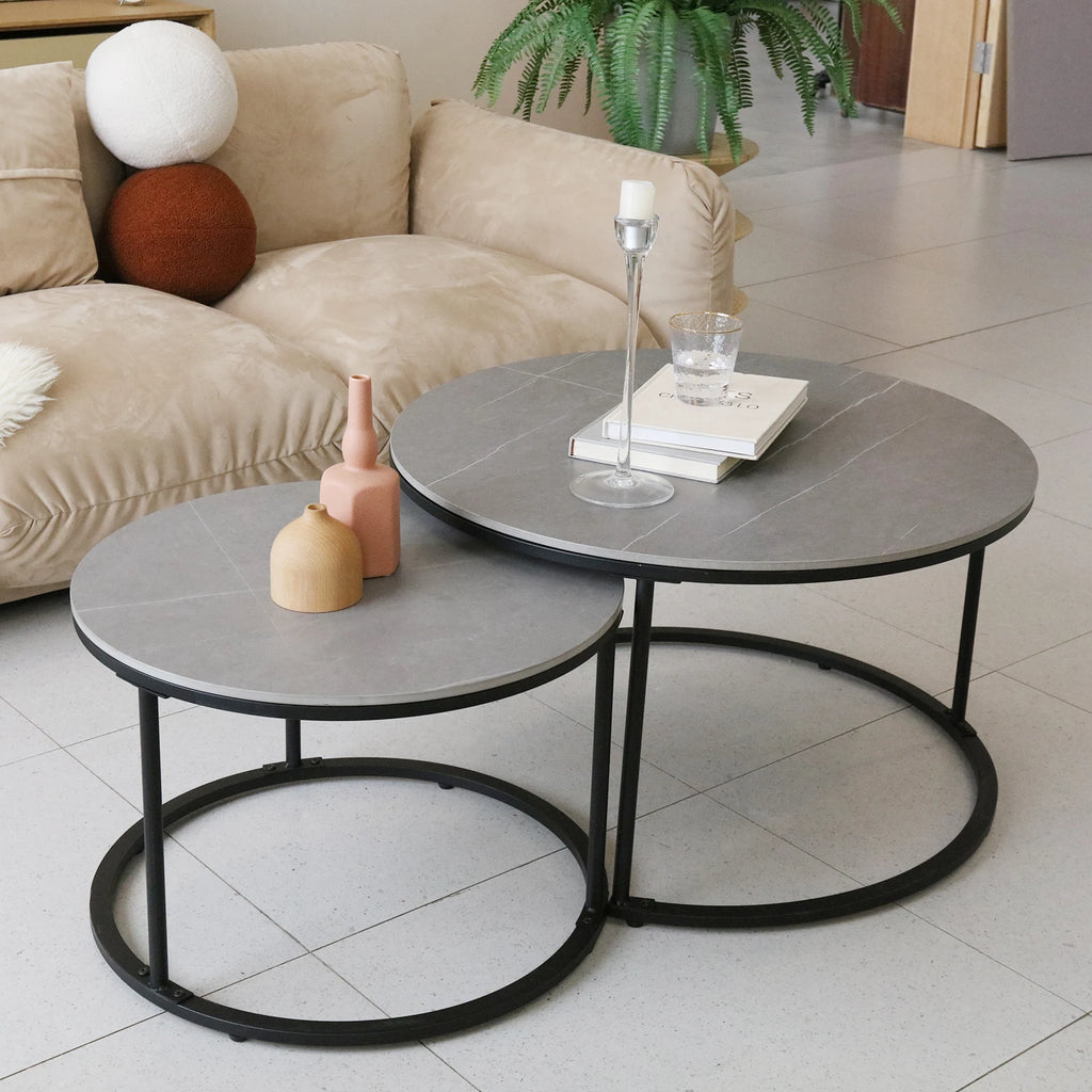 Modern Nesting Round Grey Marble Top Coffee Table Set/ Sintered Stone Table/ Metal Legs Home Furniture