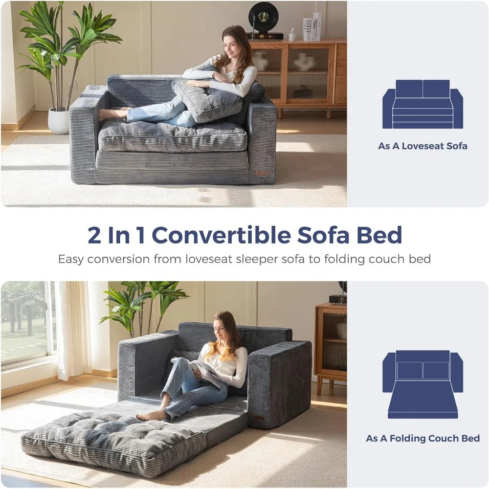 Convertible Sofa Bed, Pull-Out Loveseat Sleeper, 2-in-1 Folding Couch, Fold-Out Floor Couch with Pillows