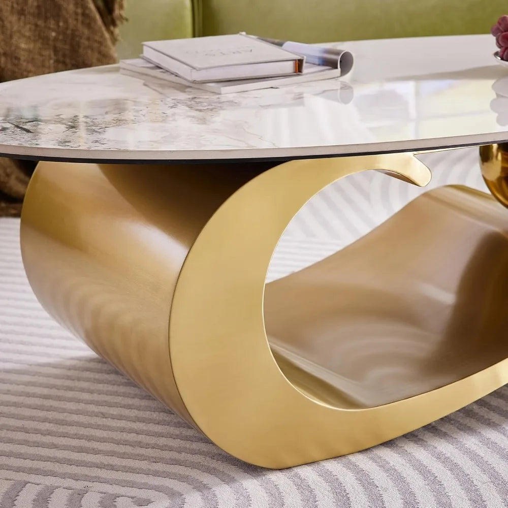 49.2-Inch Modern Oval Faux Marble Coffee Table with Sturdy Gold Metal Base - Luxury Living Room Furniture for Home Decor