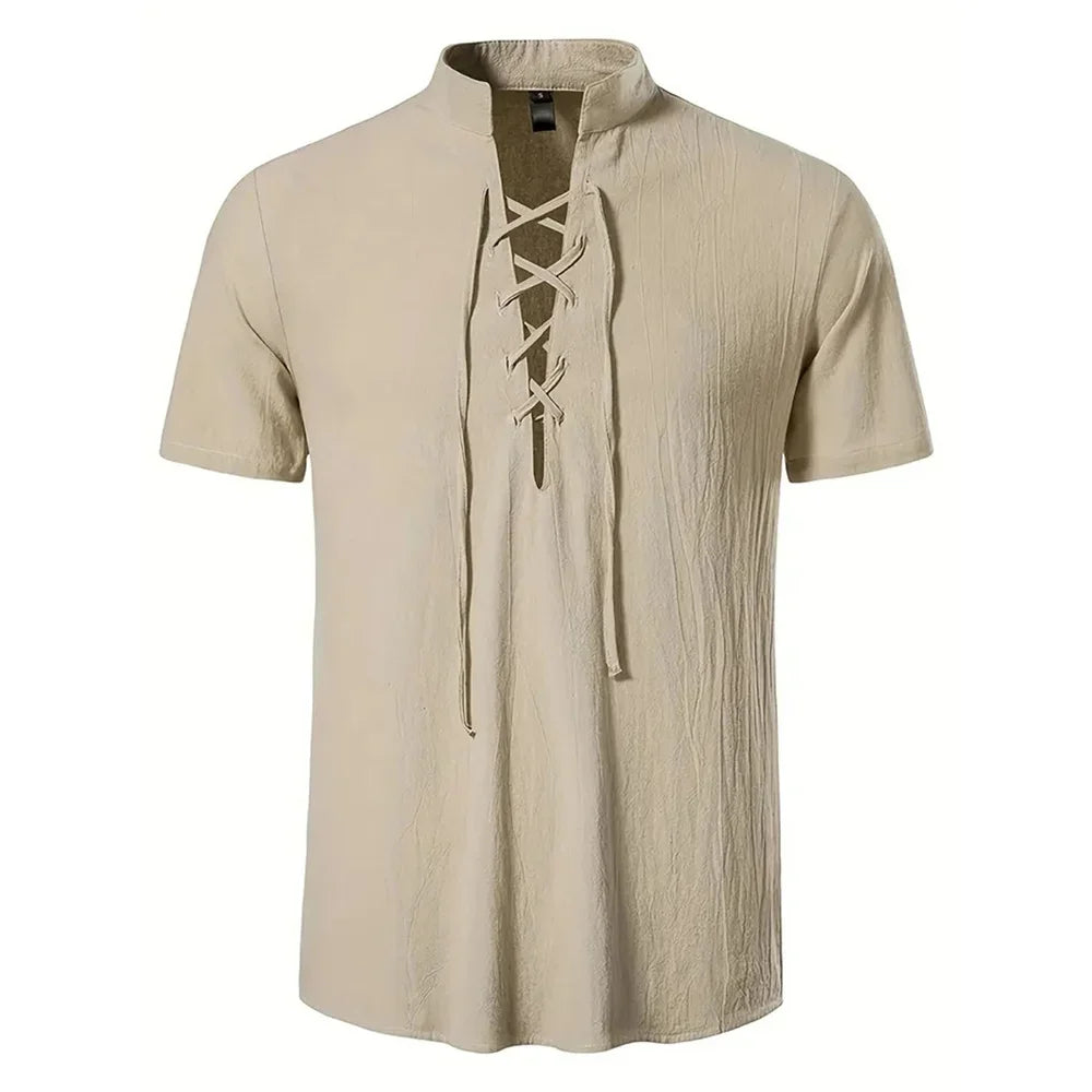 Men's Retro Shirt Short Sleeve Cotton Linen Lightweight Breathable Solid Color Fashion Tops Pirate V-neck Male Stylish Shirt